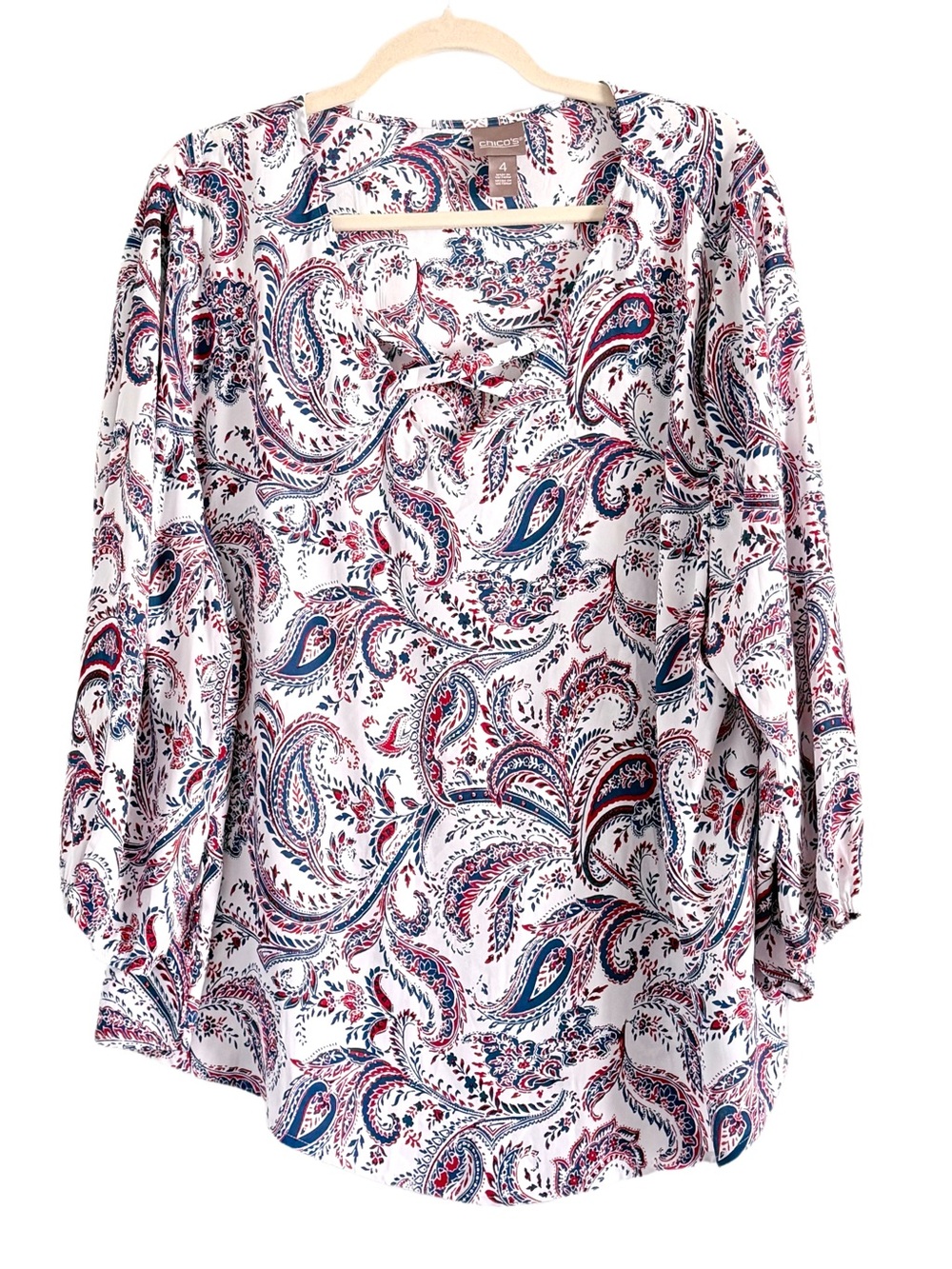 Chico's White Paisley Blouse with Blue & Red Accents